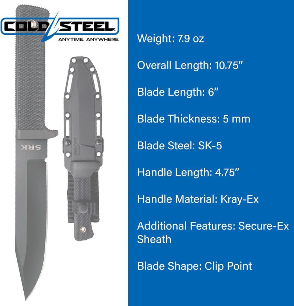 Cold Steel SRK 6 SK-5 Clip Point Razor-Sharp Blade 4.75 Durable Kray-Ex Handle Tactical Fixed Blade Knife w/Secure-Ex Sheath